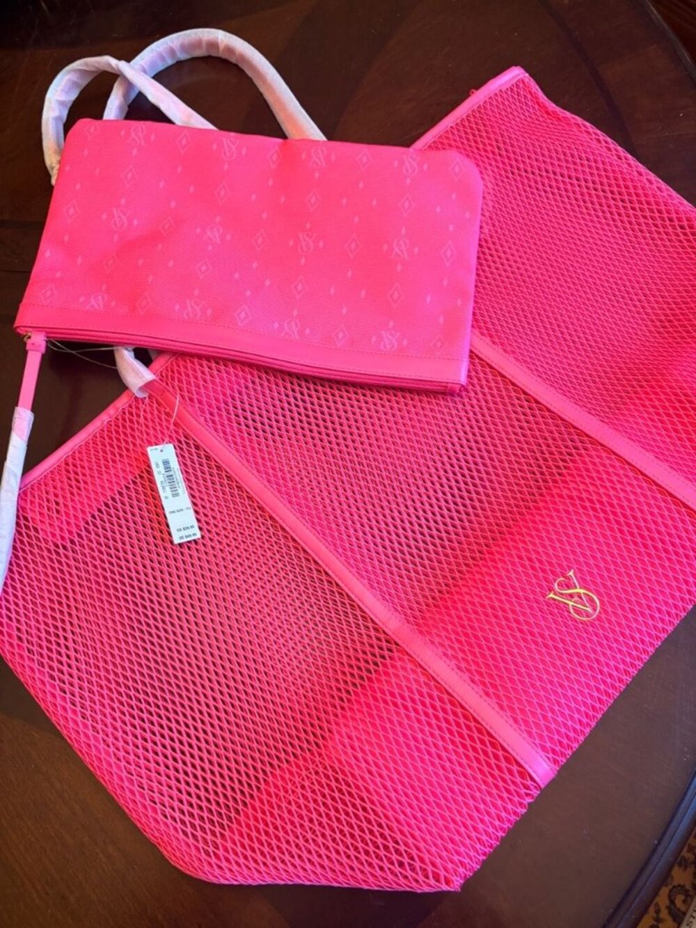 NWT Victoria’s Secret Neon Pink Mesh Beach Tote & Matching Monogram Pouch Set
